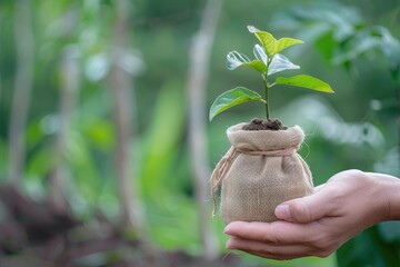 hand holding seed tree in bag for planting into soil