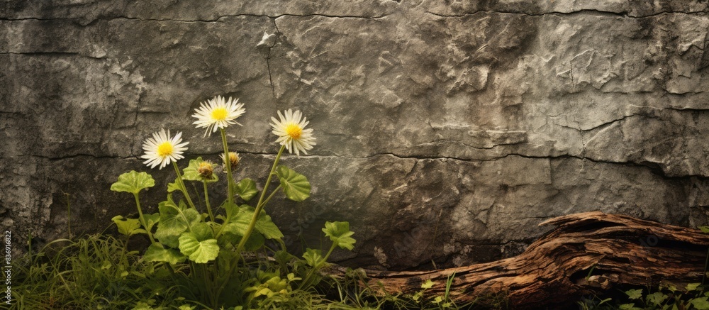 Poster Spring time in Europe featuring a dandelion against the textured bark of an old oak tree, with a copy space image available.