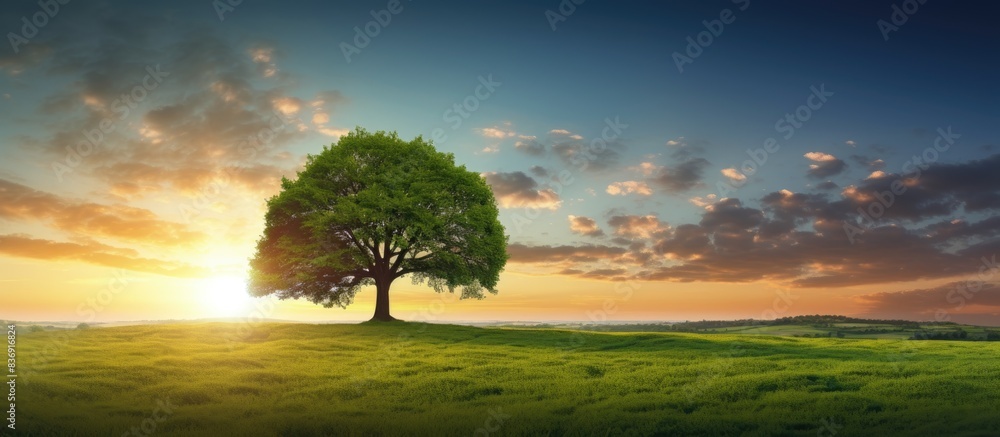 Aufkleber An evening summer sunset setting the scene for a solitary tree in a green grass field, creating a captivating copy space image.