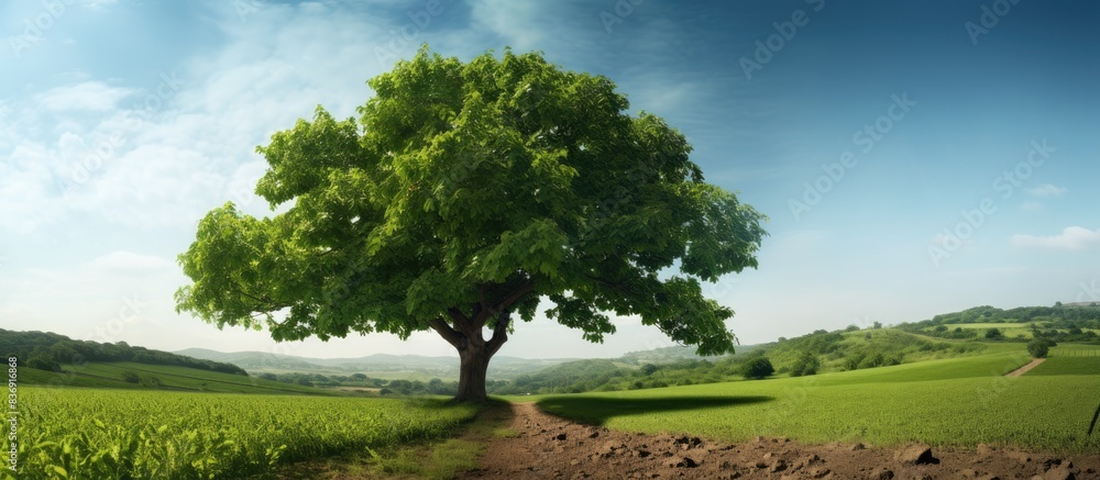Poster Mulberry tree growing in a farm setting with a beautiful scenic background perfect for a copy space image.