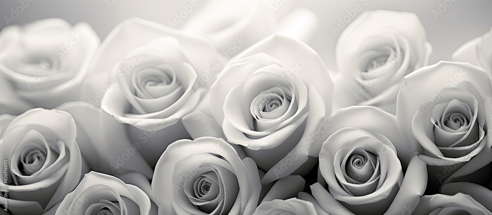 Poster close-up shot of a gray bouquet of fresh white roses with petals, creating a monochrome background s