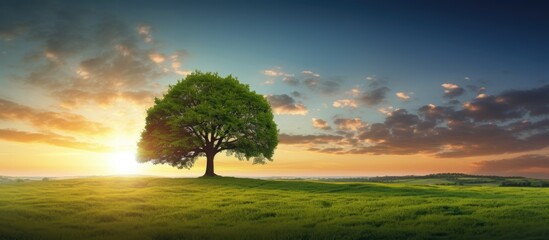 Obraz premium An evening summer sunset setting the scene for a solitary tree in a green grass field, creating a captivating copy space image.