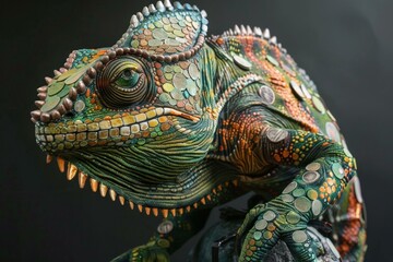 Obraz premium Exquisite and colorful handpainted ceramic chameleon sculpture. A unique and ornate reptile artwork with vibrant colors. Intricate texture. And detailed craftsmanship