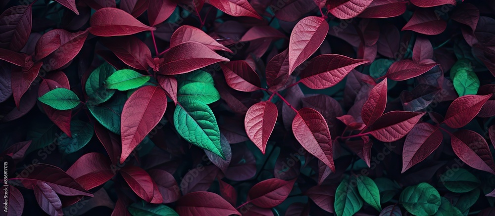 Poster maroon green foliage on twigs creates a background with copy space image.