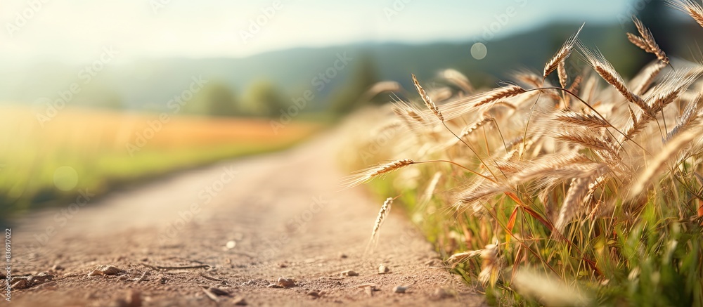 Poster An image with selective focus of grass by a dusty rural road, ideal for adding text or elements due to the copy space image.