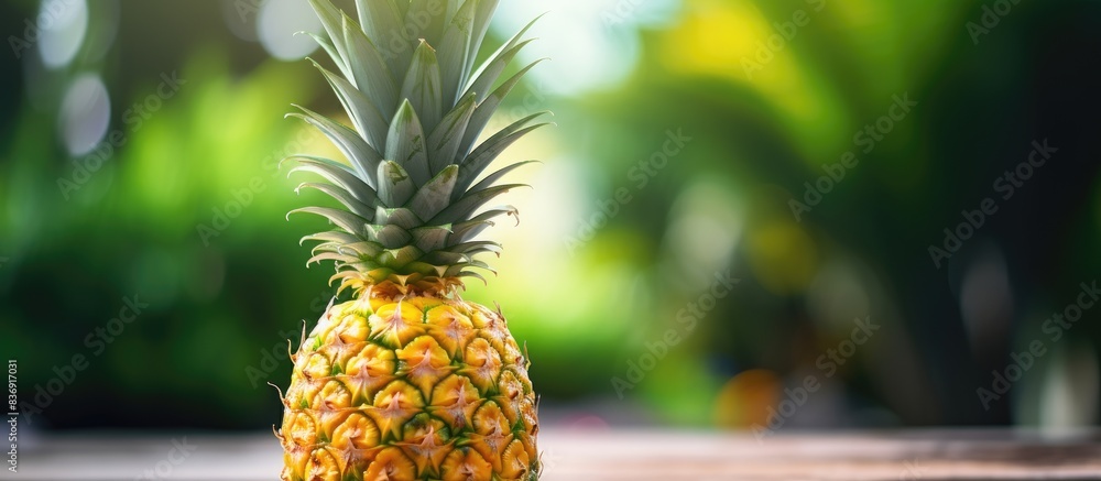 Poster pineapple, a tropical fruit, is shown in a image with selective focus on a copy space image.