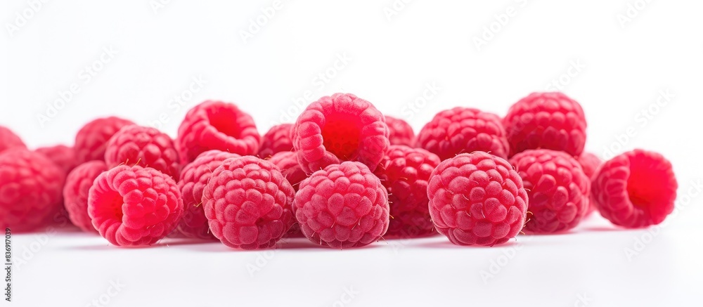 Fototapete Red raspberry candies displayed on a white background with copy space image.