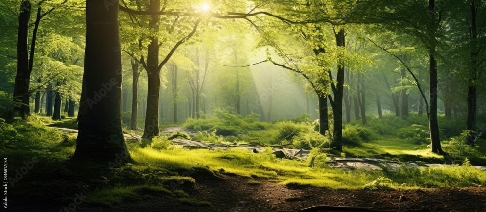 Poster During the spring season, sunlight filters through the lush green forest, creating a serene atmosphere. A copy space image could capture this tranquil scene.