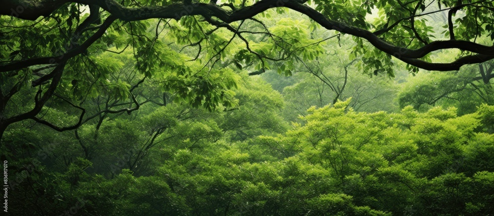Poster a contemporary and exquisite photograph showcasing lush green tree branches in a forest setting, wit