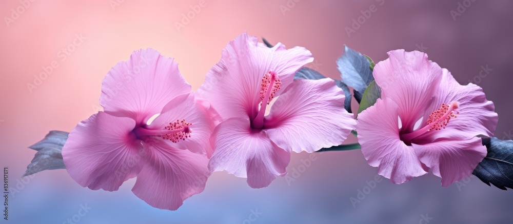 Poster Pink Hibiscus flowers in close-up bloom in front of a blurred backdrop with pink lighting, creating a copy space image.