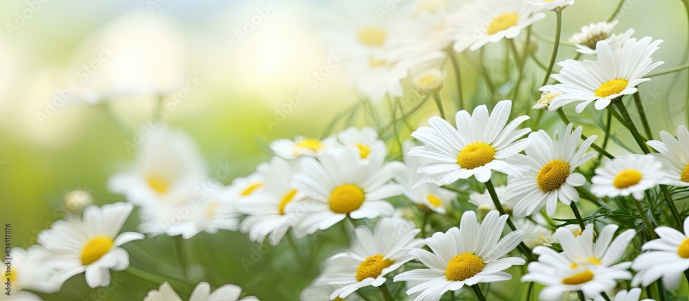 Poster close-up of chamomile flowers blooming in the garden with a clear view of the medicinal properties, 