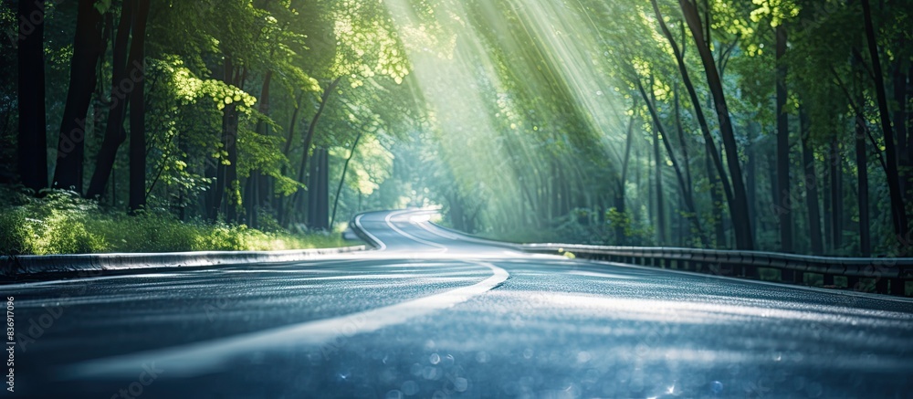 Poster Car lane curving through a forest with soft focus, featuring a tranquil scene with a copy space image.