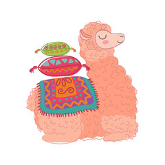 Naklejka premium Llama sitting with stack of pillows on back decorated with traditional pattern vector illustration