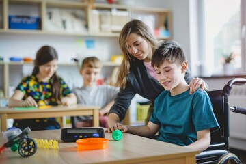 A teacher assists a student with a learning disability using an adaptive communication device in an inclusive classroom. Students of different abilities work together in a supportive and collaborative
