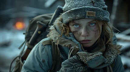 顔に泥と血痕がついた戦術軍服を着た女性。
コンセプト: 戦争物語、ドラマチックな映画、サバイバルや軍事紛争に関する書籍やビデオ ゲームのイラスト。