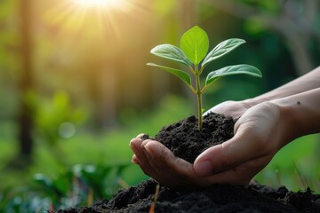 hand holding young plant on soil and green nature background. eco concept