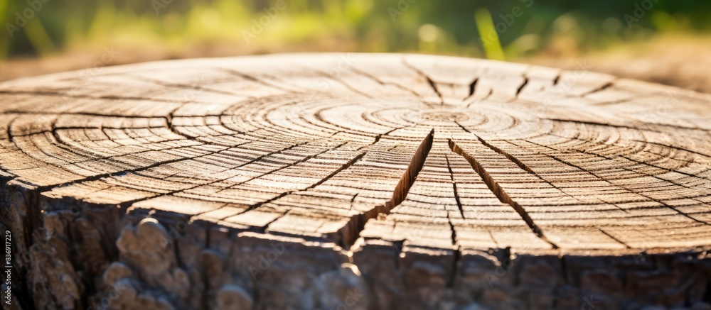Poster an old pine tree slice under the bright summer sun, revealing distinct longitudinal and radial crack
