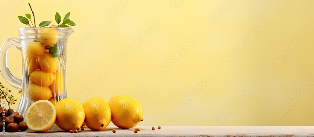 Aufkleber On the table, there is a refreshing pitcher of infused water with dates and lemons, creating a vibrant and energizing copy space image.