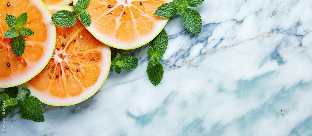 Poster a deliciously sliced melon, with fresh mint and ice, beautifully arranged on a marble surface in a t