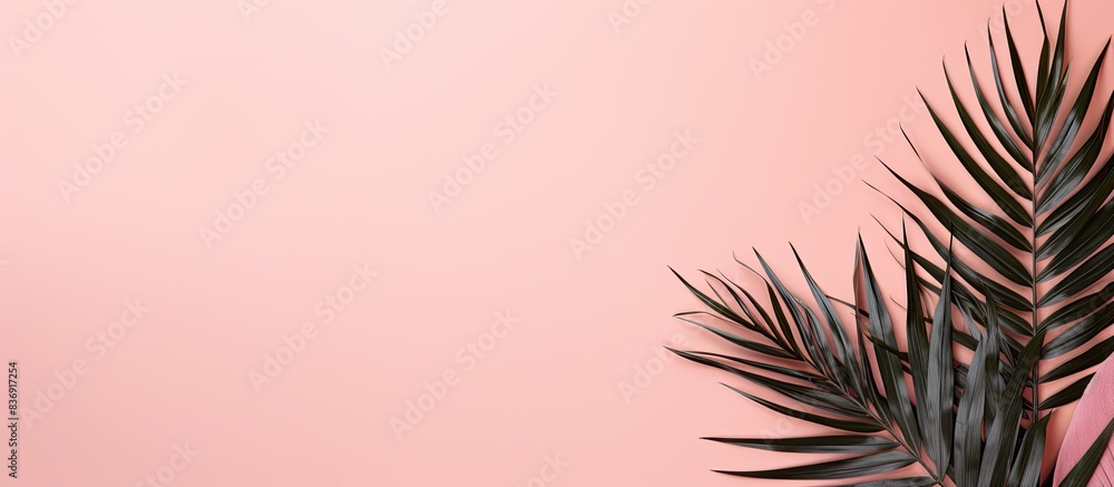 Poster Flat lay of tropical leaves on a soft pink background, creating a serene and minimalistic aesthetic with copy space image.