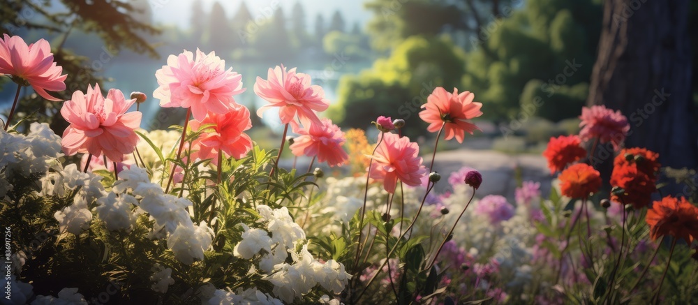 Poster lovely flowers found in a botanical garden with a scenic backdrop for copy space image.