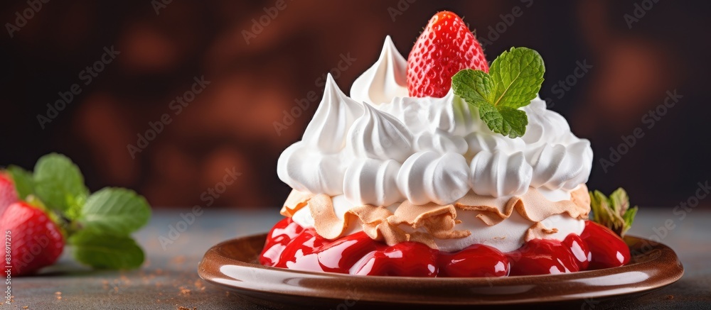 Poster strawberry-topped meringue dessert with a background for text or graphics, like a copy space image.