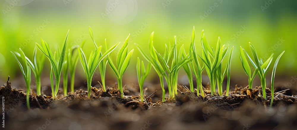 Poster A cluster of young rice sprouts on display, ready-to-plant seedlings in a rice field, showcasing a rustic setting with copy space image.