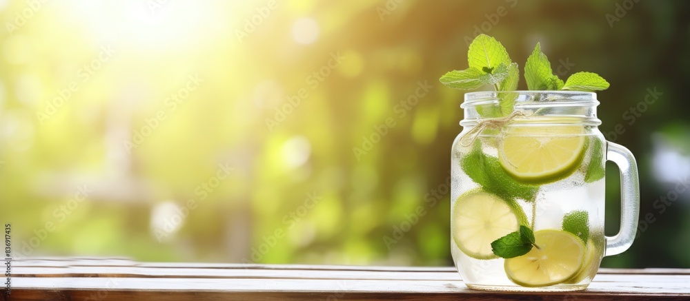 Aufkleber Refreshing homemade lemonade with lime and mint presented in a mason jar on a rustic wooden table, providing a charming setting for a relaxing drink with a beautiful copy space image.