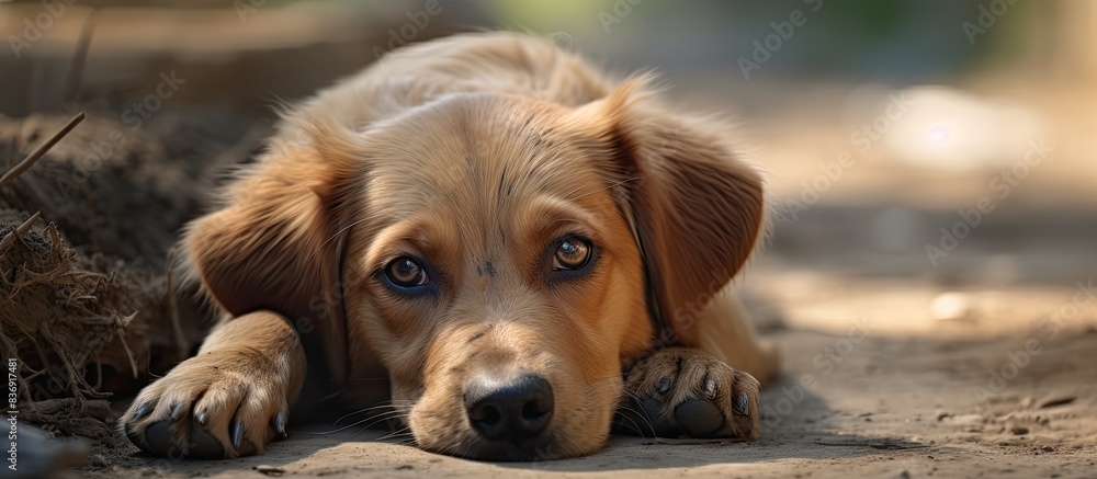 Poster a brown dog rests on the ground in the image with copy space.