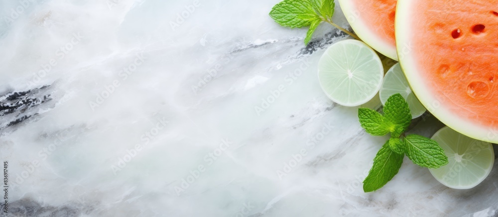 Poster a deliciously sliced melon, with fresh mint and ice, beautifully arranged on a marble surface in a t