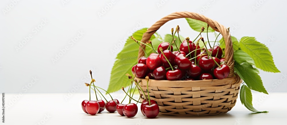 Poster Cherry placed in a basket with copy space image on a white background.