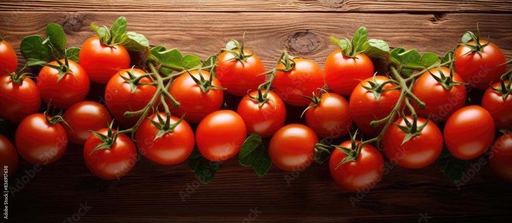 Poster cherry tomatoes creatively arranged on a wooden table with copy space image.