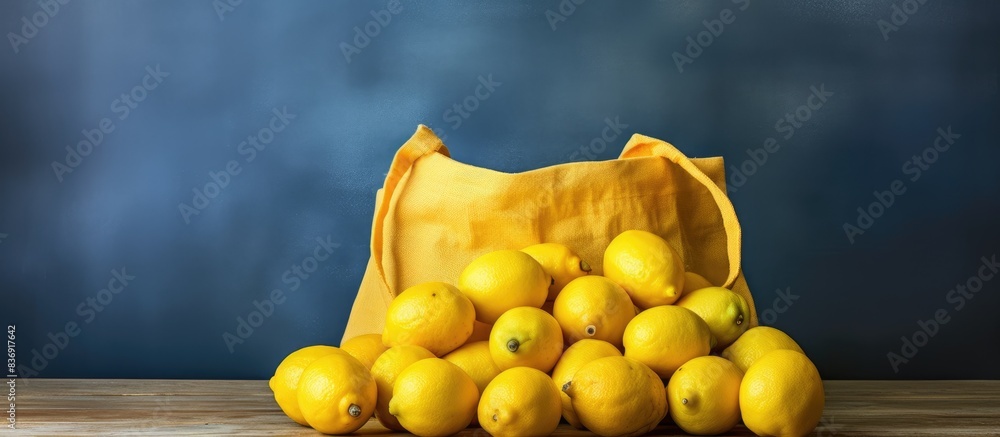 Poster Lemons in yellow bag placed on table with copy space image.