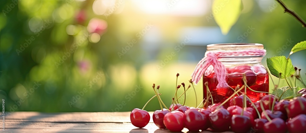 Aufkleber selective focus on ripe berries in a jar with cold cherry juice, copy space image.
