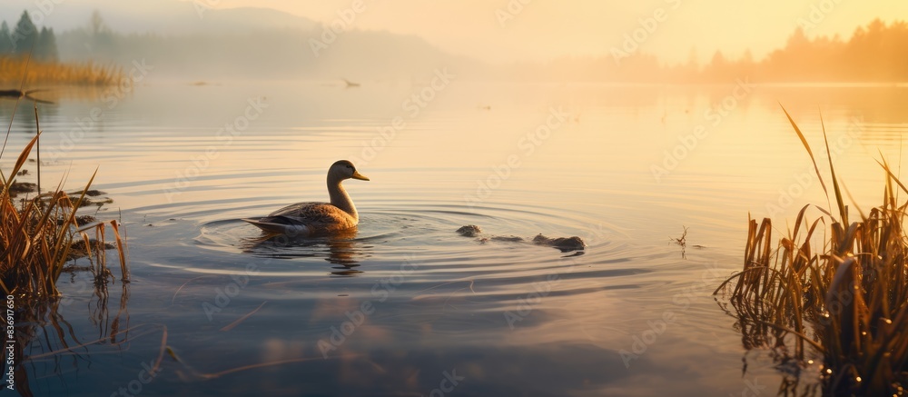 Poster ducks swimming on the water near the river bank with a lake and coast in the distance create a peace