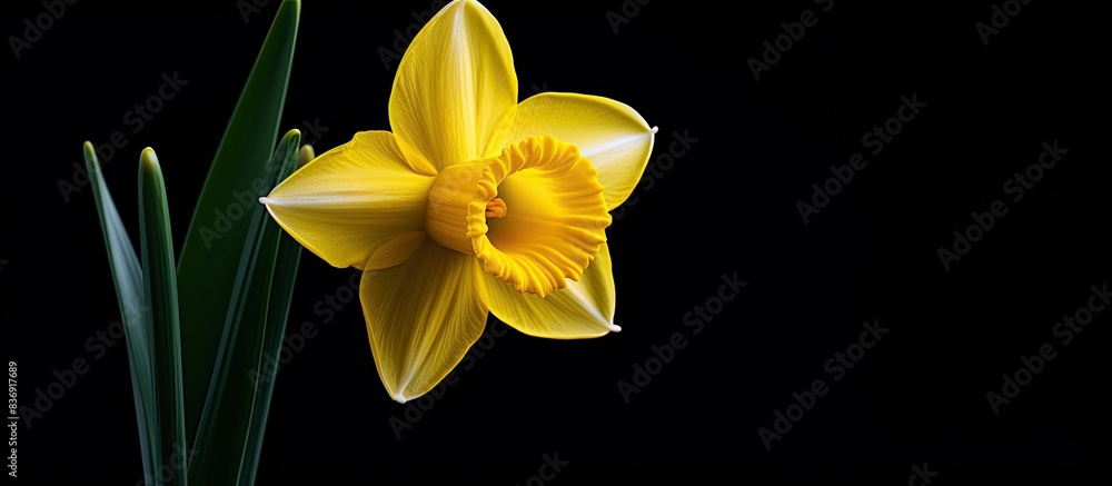 Poster close-up photo of daffodil with copy space image on black background.