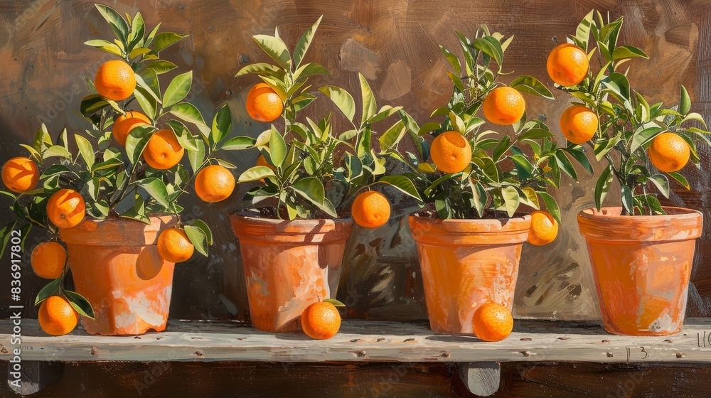 Wall mural Lush,flourishing orange trees in terracotta pots against a rustic background,showcasing the beauty of homegrown citrus fruits thriving in an outdoor garden setting.