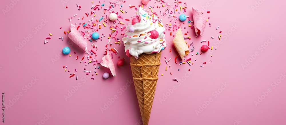 Poster Flat lay of an ice cream cone adorned with vibrant party streamers on a pink background, creating a festive and cheerful copy space image.