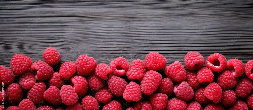 Aufkleber Red raspberries arranged nicely on a grey wooden surface with a blank space for adding text or additional images, known as a copy space image.