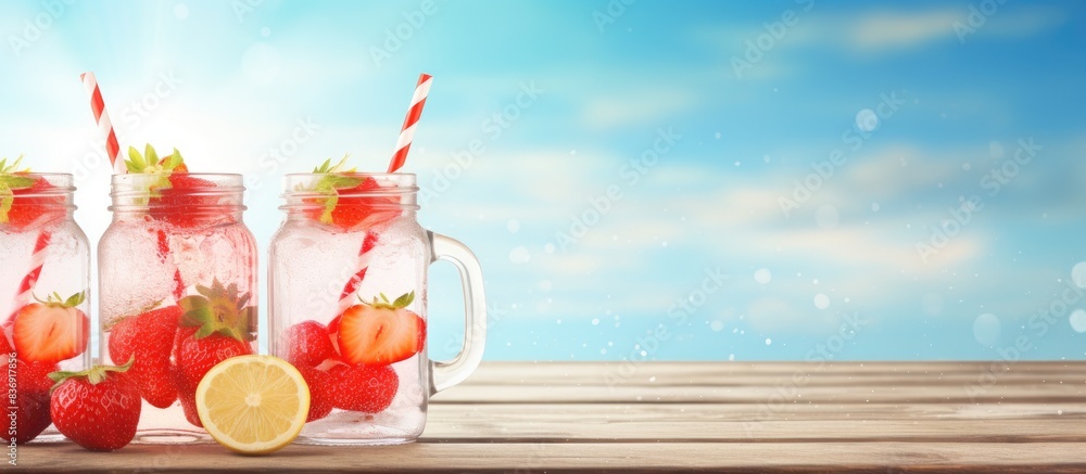 Poster Mason jars filled with delicious strawberry lemonade displayed on a table with copy space image.