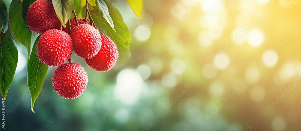 Poster Image of a ripe red lychee hanging on a tree in the garden with copy space image.