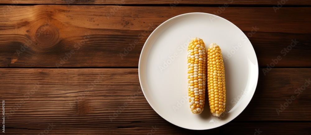 Poster a plate with grilled and boiled corn, a vegetarian and healthy dish, presented on a wooden surface w