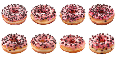 Set of Donut With Cherry Glaze And Chocolate Chips isolated on transparent png background collection set . Generative ai