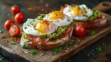 A wooden board with an open face sandwich, avocado toast topped with poached eggs and bacon, cherry tomatoes sprinkled on top of the bread slices.