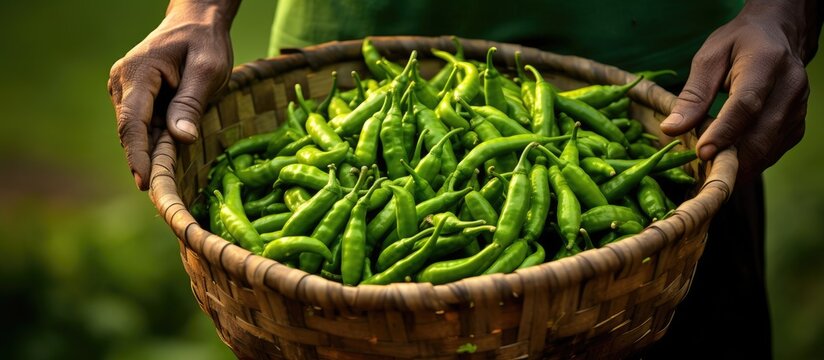 A farmer harvesting green chillies, holding a basket in their hands, with a background suitable for adding copy space image.