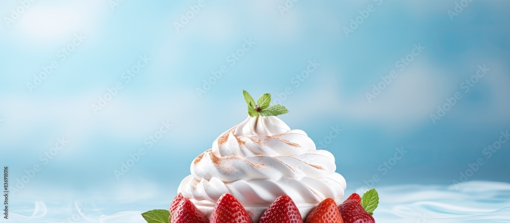 Poster strawberry-topped meringue dessert with a background for text or graphics, like a copy space image.