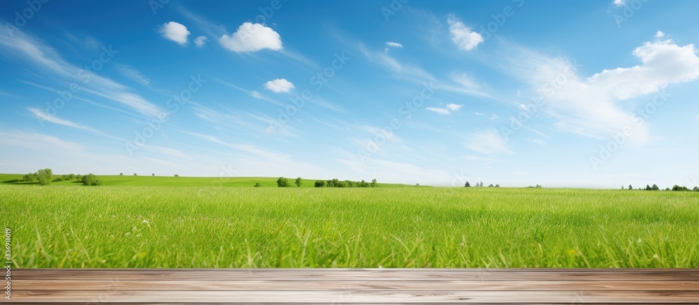 Poster wooden desk with white surface under a blue sky backdrop, featuring green grass and empty area for d