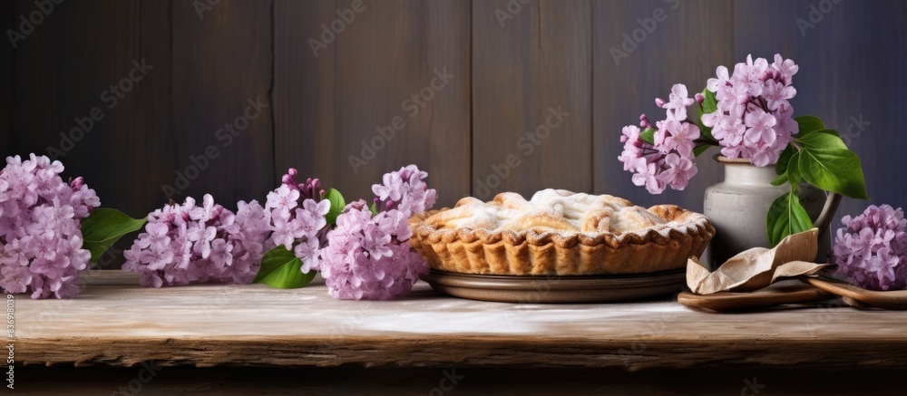 Poster Apple pie on a rustic wooden table with a bunch of lilacs, creating a serene ambiance in the image with soft coloring and available copy space image.