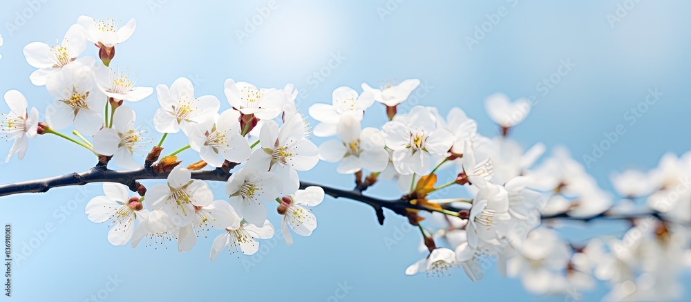 Poster macro photograph of white cherry blossom flowers on a tree with a springtime ambiance and copy space