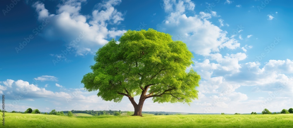 Poster A big tree in a garden under a blue sky with fluffy white clouds in the background displaying ample copy space image.